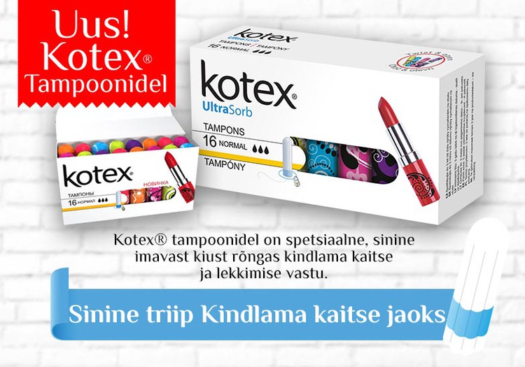 Kotex® tampoonid sinise imavast kiust ribaga kindlamaks kaitseks lekete vastu